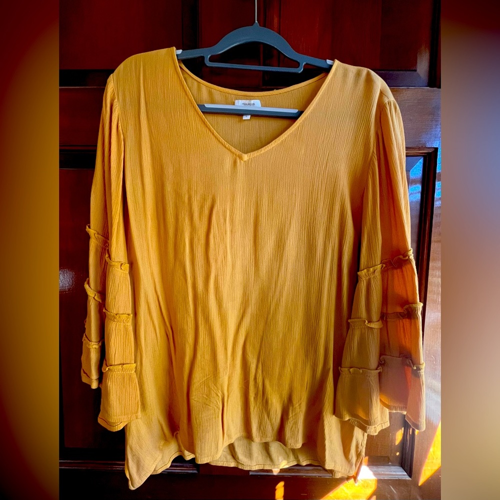 Mustard/Goldenrod colored bell sleeve blouse, size Large
